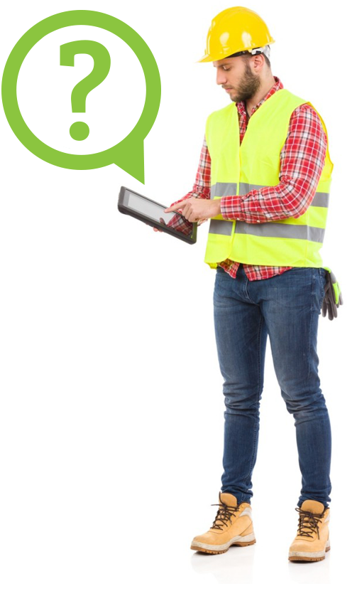 Contractor holding a tablet with a question mark.