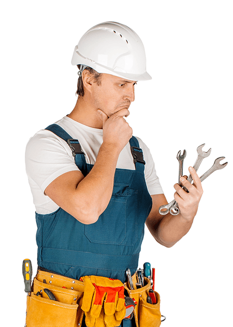 Contractor wearing a tool belt holding wrenches.