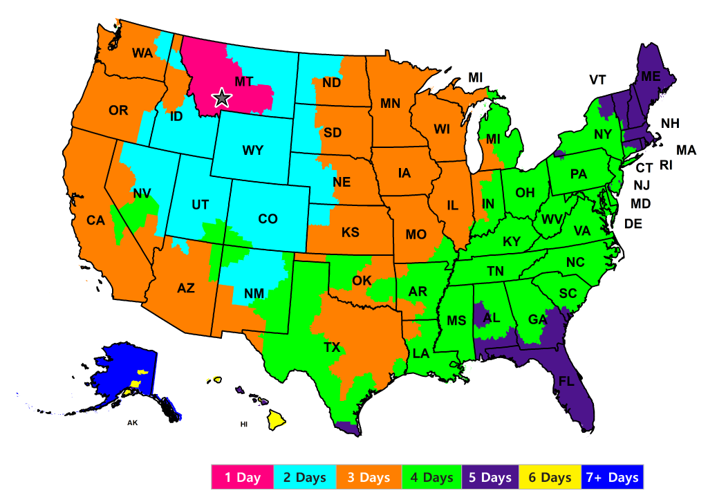Map showing the transit time of shipments to Cash For Tools.
