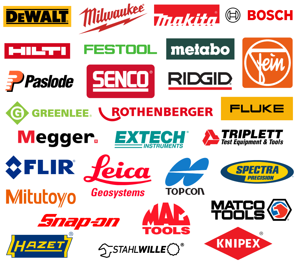 Top tool brand logos including, Dewalt, Milwaukee, Makita, Bosch, Hilti, Festool, Metabo, Fein, Paslode, Senco, Ridgid, Greenlee, Rothenburger, Fluke, Megger, Extech, Triplett, Flir, Leica, Topcon, Spectra Precision, Mitutoyo, Snap-on, Mac Tools, Matco, Hazet, Stahlwille, and Knipex.